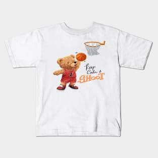 Teddy Bear Playing Basketball with quotes : KEEP CALM & SHOOT Kids T-Shirt